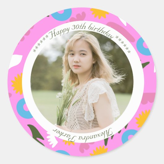 pink name birthday modern floral romantic Sticker ラウンドシール (正面)