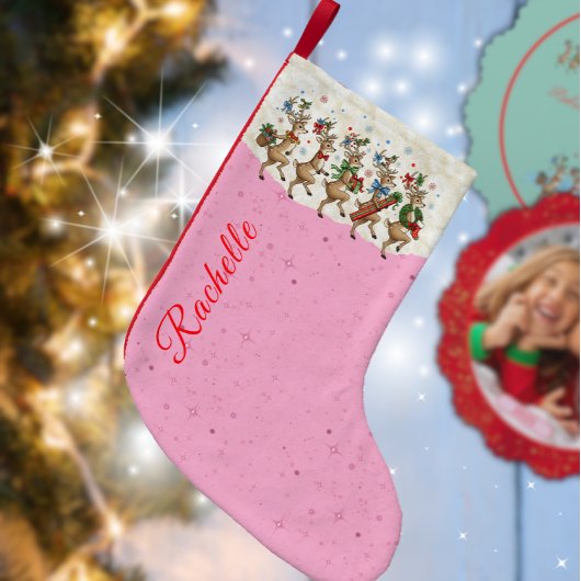 Pink Name Marching Quirky Christmas Reindeer  スモールクリスマスストッキング