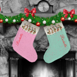 Pink Name Marching Quirky Christmas Reindeer  ラージクリスマスストッキング