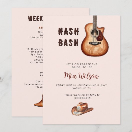 Pink Nash Bash Bachelorette Weekend  招待状 (正面/裏面)