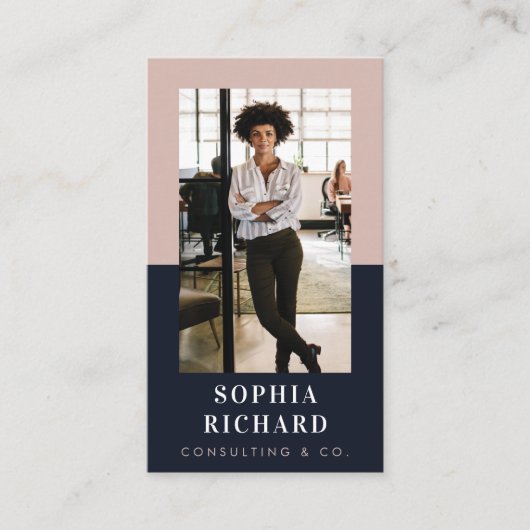 Pink & Navyモダン Business Photo QR Code 名刺 (正面)
