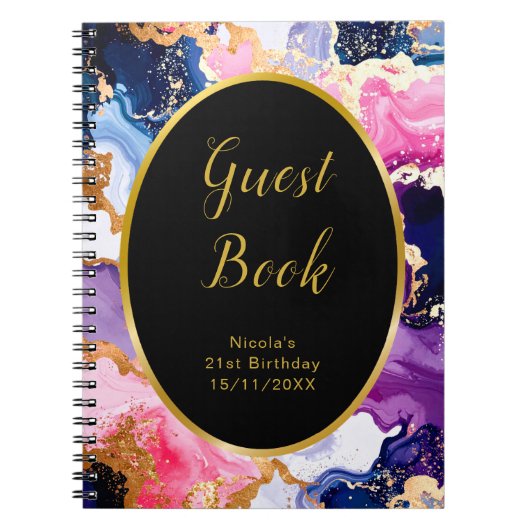 Pink, Navy Blue and Gold Ink Birthday Guest Book ノートブック (正面)