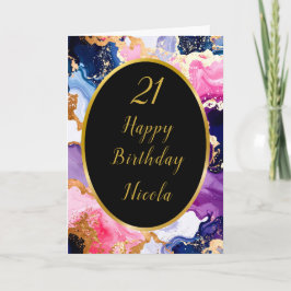 Pink, Navy Blue and Gold Ink Birthday Party カード