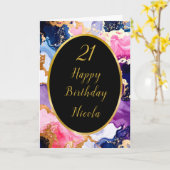 Pink, Navy Blue and Gold Ink Birthday Party カード (黄色い花)