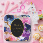 Pink, Navy Blue and Gold Ink Birthday Party ペーパープレート (パーティー)