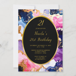Pink, Navy Blue and Gold Ink Birthday Party 招待状