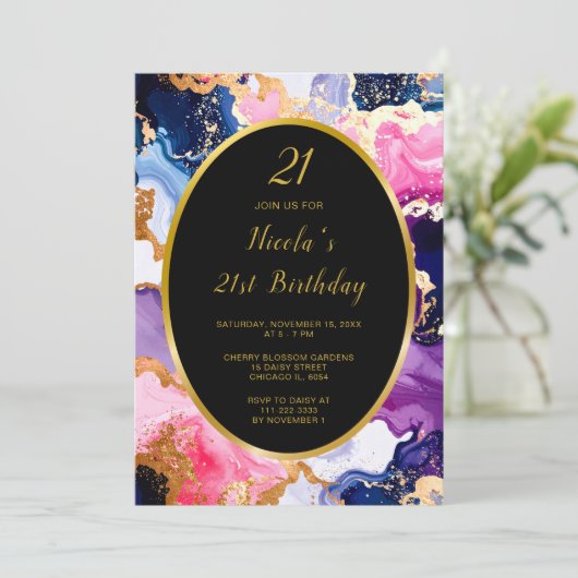 Pink, Navy Blue and Gold Ink Birthday Party 招待状 (スタンド正面)