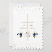 Pink Navy Blue Floral Gold Triplets Baptism   招待状 (裏面)