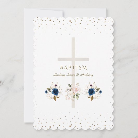 Pink Navy Blue Floral Gold Triplets Baptism   招待状 (裏面)