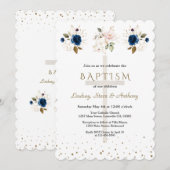 Pink Navy Blue Floral Gold Triplets Baptism   招待状 (正面/裏面)