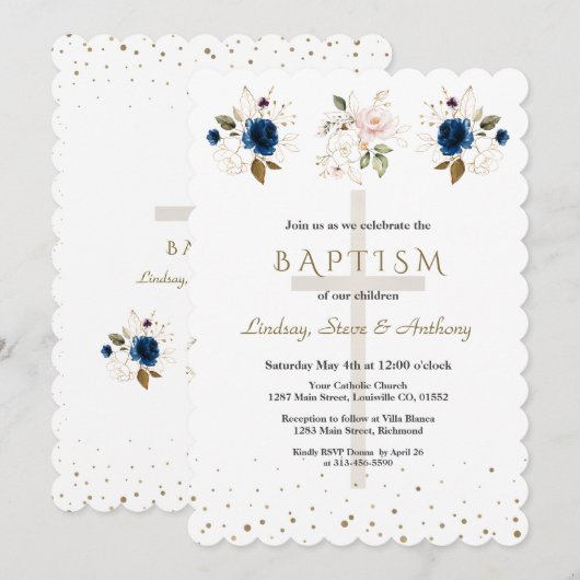 Pink Navy Blue Floral Gold Triplets Baptism 招待状 (正面/裏面)