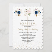 Pink Navy Blue Floral Gold Triplets Baptism 招待状 (正面)