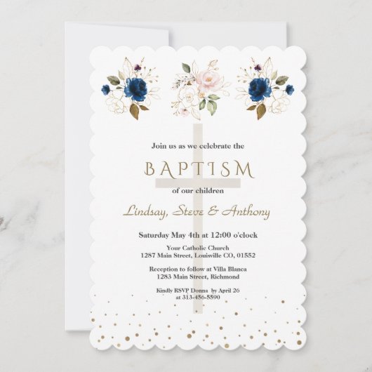 Pink Navy Blue Floral Gold Triplets Baptism   招待状 (正面)