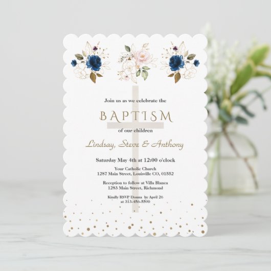 Pink Navy Blue Floral Gold Triplets Baptism   招待状 (スタンド正面)