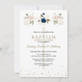 Pink Navy Blue Flowers Gold Triplets Baptism   招待状 (正面)