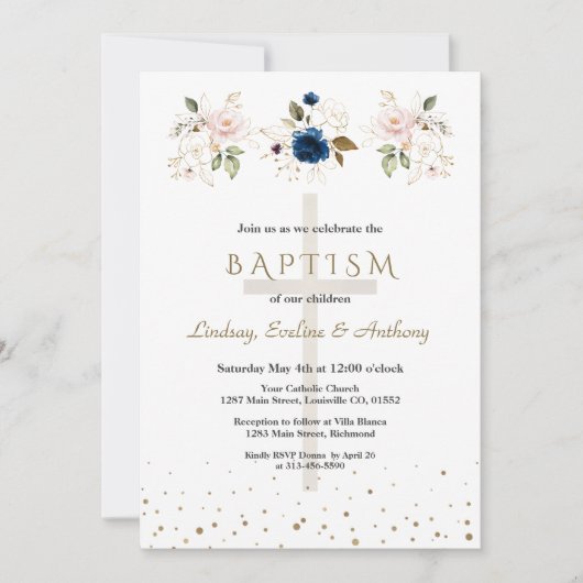 Pink Navy Blue Flowers Gold Triplets Baptism   招待状 (正面)