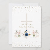 Pink Navy Blue Flowers Gold Triplets Baptism   招待状 (裏面)