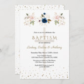 Pink Navy Blue Flowers Gold Triplets Baptism   招待状 (正面/裏面)