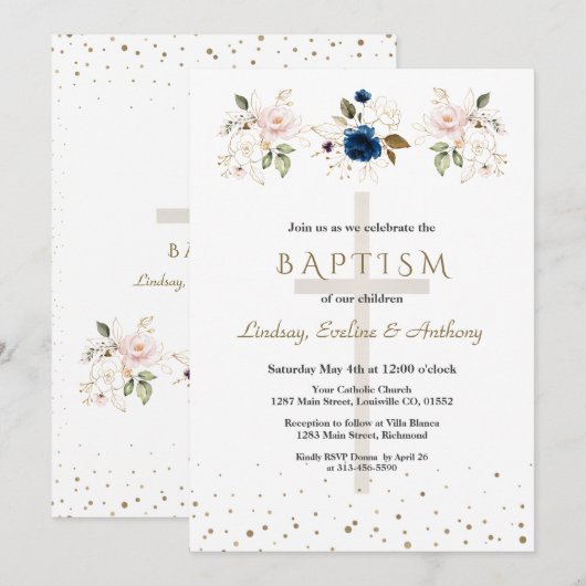 Pink Navy Blue Flowers Gold Triplets Baptism   招待状 (正面/裏面)