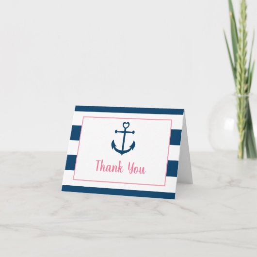 Pink Navy Girl Nautical Anchor Baby Shower サンキューカード (正面)