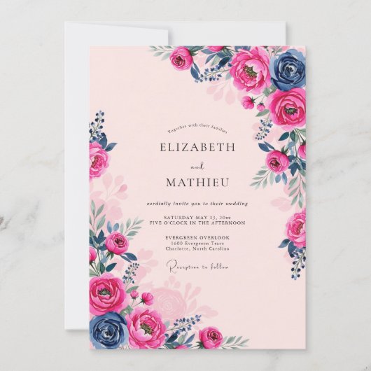 Pink Navy Opulent Romantic Wedding 招待状 (正面)