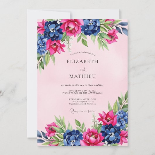 Pink Navy Splendid Floral Wedding 招待状 (正面)