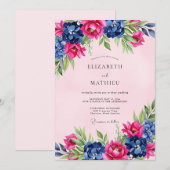 Pink Navy Splendid Floral Wedding 招待状 (正面/裏面)