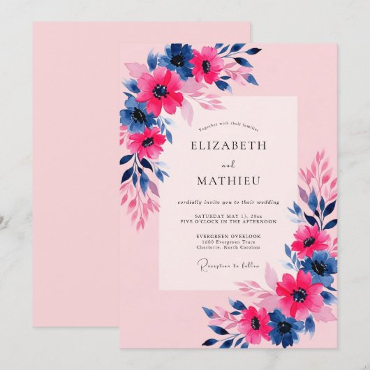 Pink Navy Vibrant Spring Wedding 招待状 (正面/裏面)
