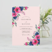 Pink Navy Watercolor Anemone Spring Wedding 招待状 (スタンド正面)