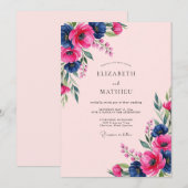 Pink Navy Watercolor Anemone Spring Wedding 招待状 (正面/裏面)
