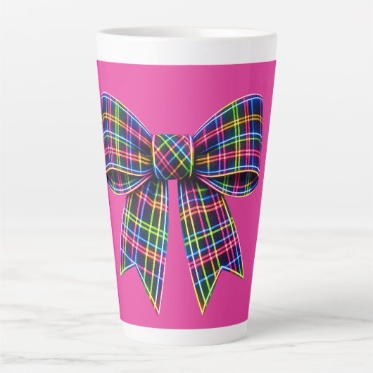 Pink Neon Bow Tartan Ribbon Scottish Cute カフェラテマグ (正面)