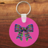 Pink Neon Bow Tartan Ribbon Scottish Cute キーホルダー (正面)
