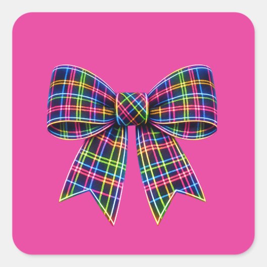 Pink Neon Bow Tartan Ribbon Scottish Cute スクエアシール (正面)