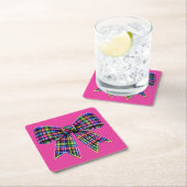 Pink Neon Bow Tartan Ribbon Scottish Cute スクエアペーパーコースター (インサイチュ)