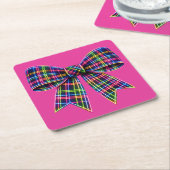 Pink Neon Bow Tartan Ribbon Scottish Cute スクエアペーパーコースター (アングル)
