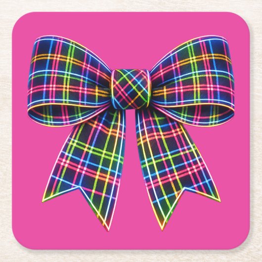 Pink Neon Bow Tartan Ribbon Scottish Cute スクエアペーパーコースター (正面)