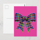 Pink Neon Bow Tartan Ribbon Scottish Cute ポストカード (正面/裏面)