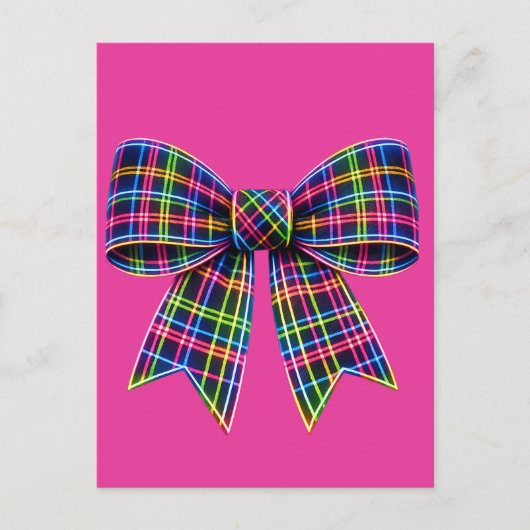 Pink Neon Bow Tartan Ribbon Scottish Cute ポストカード (正面)