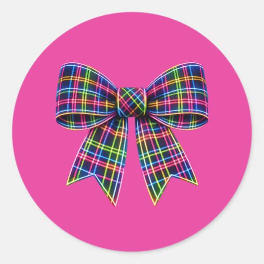 Pink Neon Bow Tartan Ribbon Scottish Cute ラウンドシール (正面)