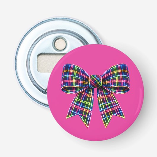 Pink Neon Bow Tartan Ribbon Scottish Cute 栓抜き (正面)