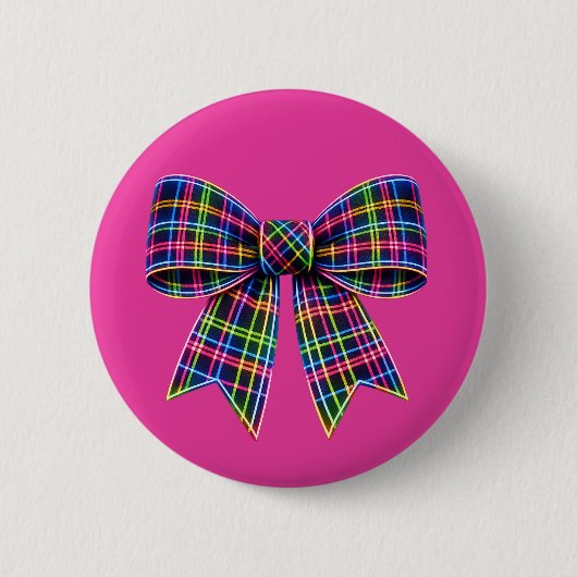 Pink Neon Bow Tartan Ribbon Scottish Cute 缶バッジ (正面)