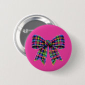 Pink Neon Bow Tartan Ribbon Scottish Cute 缶バッジ (正面&裏面)