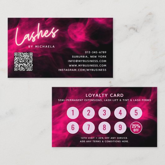Pink Neon & Smoke Lash Salon QR Code Loyalty Card 名刺 (正面/裏面)