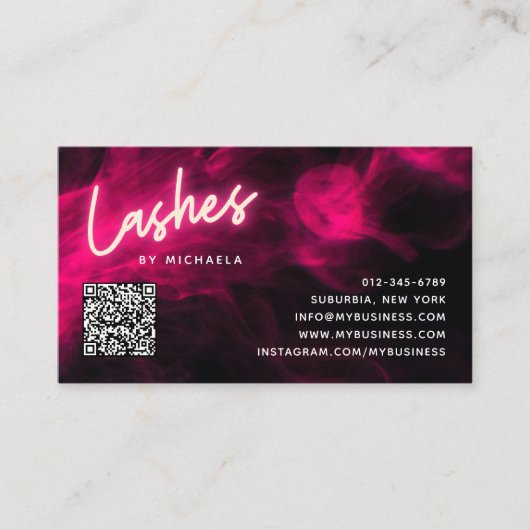 Pink Neon & Smoke Lash Salon QR Code Loyalty Card 名刺 (正面)