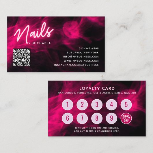 Pink Neon & Smoke Nail Salon QR Code Loyalty Card 名刺 (正面/裏面)