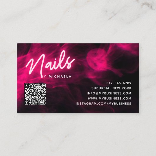 Pink Neon & Smoke Nail Salon QR Code Loyalty Card 名刺 (正面)
