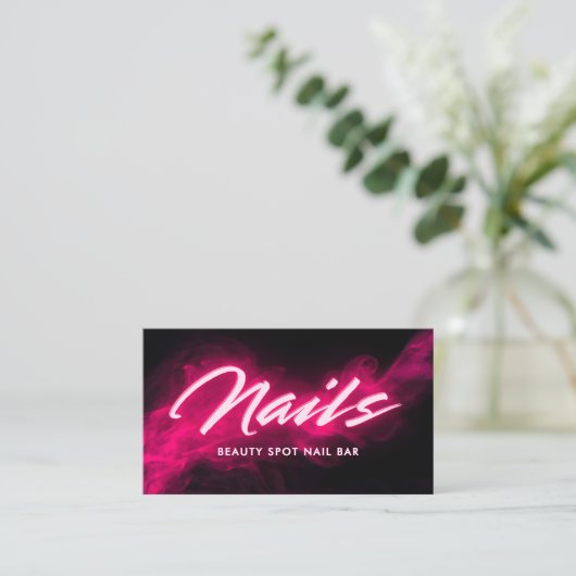 Pink Neon & Smoke Nail Salon QR Code & Socials 名刺 (スタンド正面)