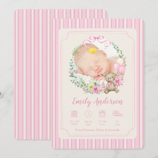 Pink Newborn Birth Photo Boy Baby Announcement 案内状 (正面/裏面)