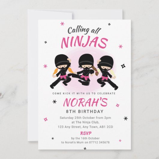 Pink Ninja Birthday Invitation Girls Karate Party 招待状 (正面)