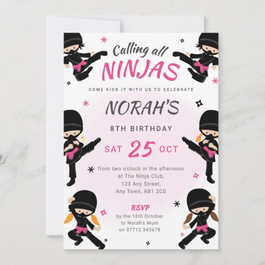 Pink Ninja Birthday Invite - Girls Karate Party 招待状 (正面)